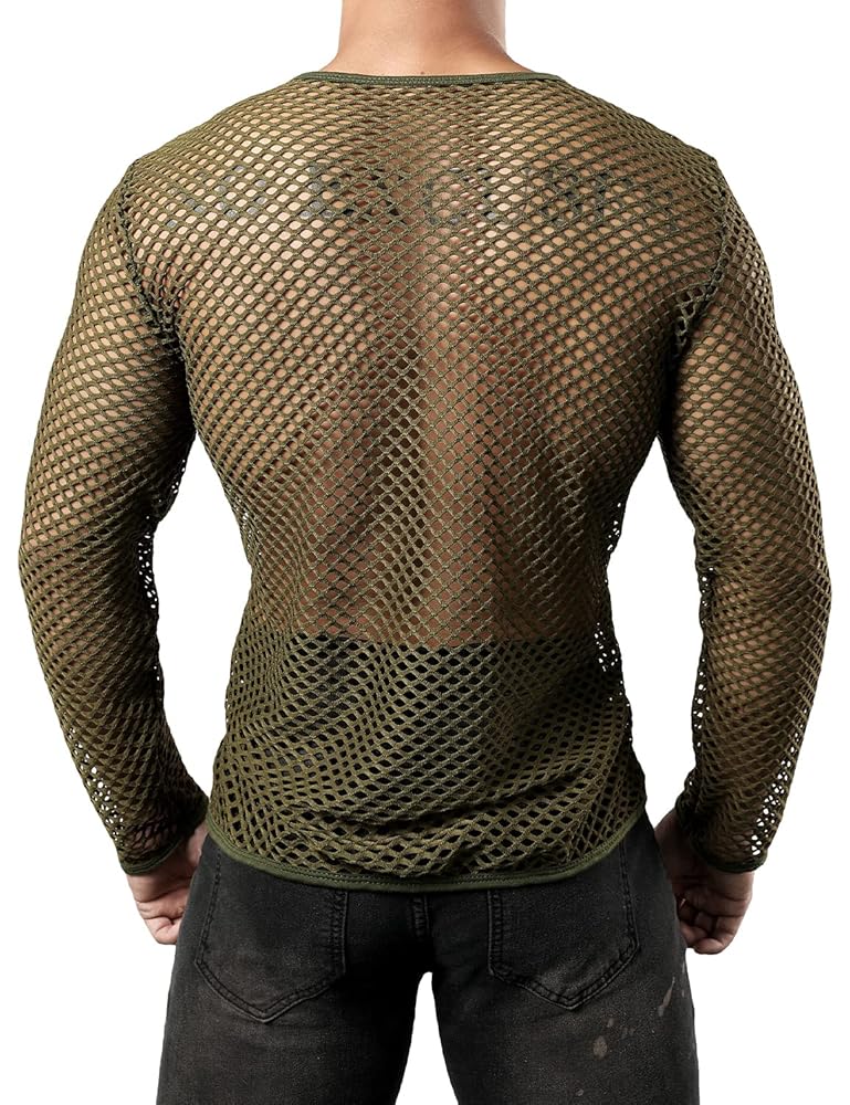 Amazon.com: JOGAL Men's Mesh Fishnet Fitted Long Sleeve